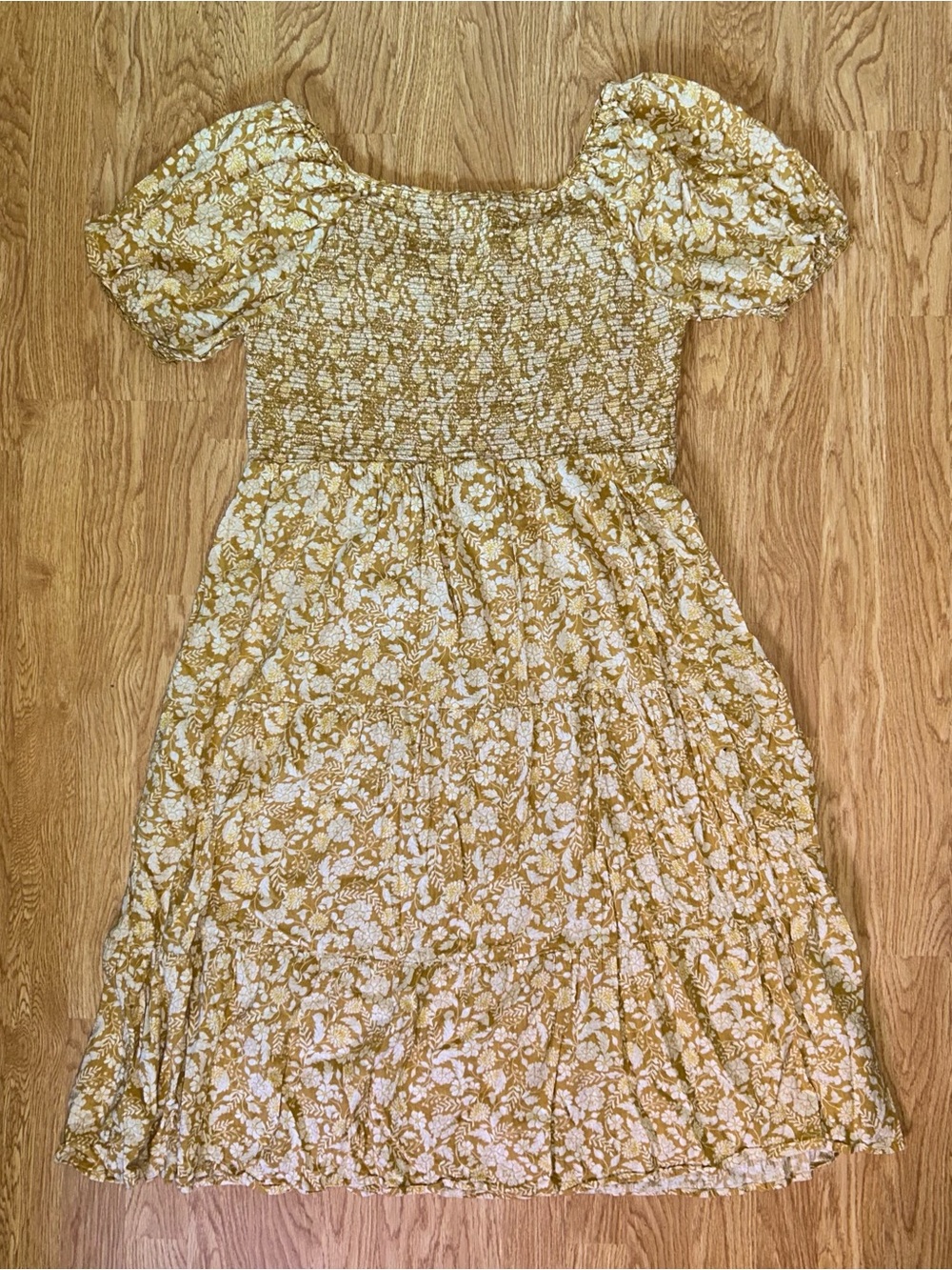 XL Cottagecore Mustard Floral Puff-Sleeve Spring Dress